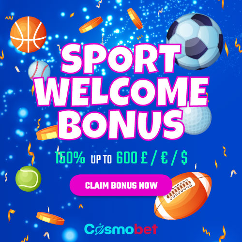 Cosmobet square sports bonus banner with football, tennis, basketball, and coins offering 150% up to 600 welcome bonus in multiple currencies