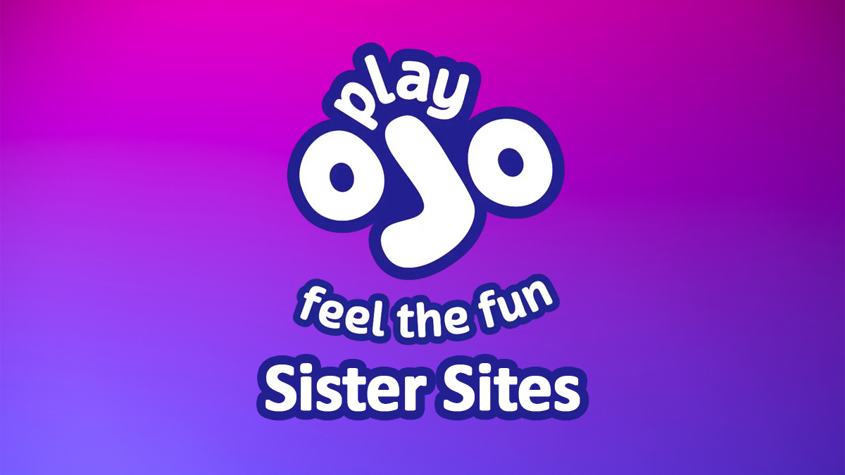 Official PlayOJO Sister Sites logo featuring the playful slogan "feel the fun" on a vibrant pink and purple background.