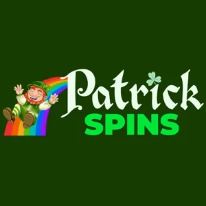 Logo for Patrick Spins: a leprechaun sliding from a rainbow on the left, with 'Patrick' in white stylized font and 'SPINS' in bright green on a dark green background.